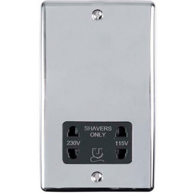  - 230V & 115V Shaver Twin Socket Wall Plate Chrome & Black Trim 86mm X 146mm