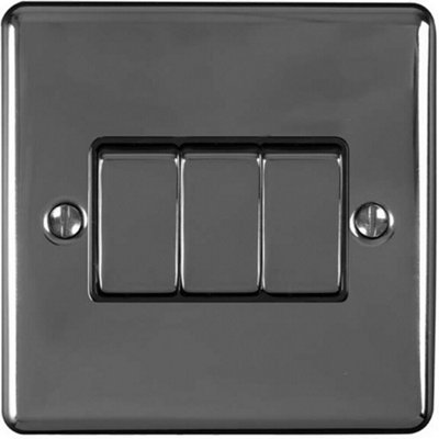 B&Q 3 Gang Triple Switch Nickel 2 Way 10A Trim & Metal Rocker Light/Black