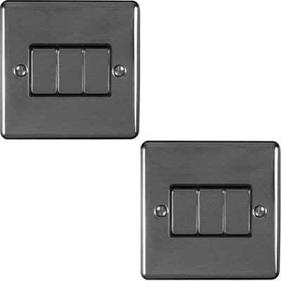  - 2 Pack 3 Gang Metal Triple Light Switch Black Nickel 2 Way 10A Black Trim
