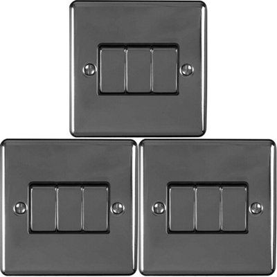  - 3 Pack 3 Gang Metal Triple Light Switch Black Nickel 2 Way 10A Black Trim