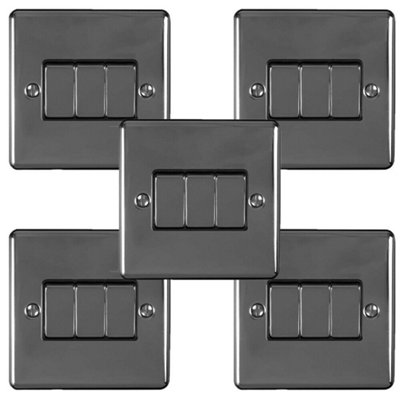 B&Q 5 Pack 3 Gang Metal Triple Switch Nickel 2 Way 10A Trim Light/Black