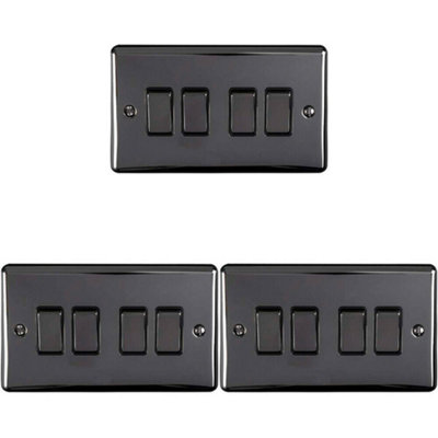  - 3 Pack 4 Gang Quad Light Switch Black Nickel 2 Way 10A Black Trim