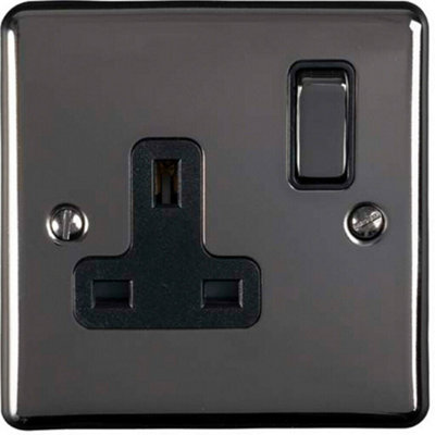 1 Gang Single Uk Plug Socket Black Nickel 13A Switched Mains Wall Power Outlet from B&Q