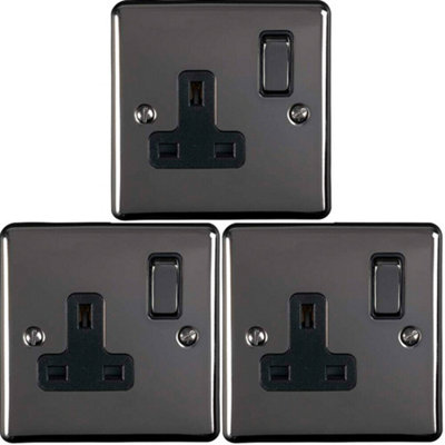  - 3 Pack 1 Gang Single Uk Plug Socket Black Nickel 13A Switched Power Outlet