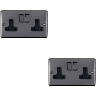  - 2 Pack 2 Gang Double Uk Plug Socket Black Nickel 13A Switched Power Outlet