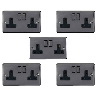  - 5 Pack 2 Gang Double Uk Plug Socket Black Nickel 13A Switched Power Outlet