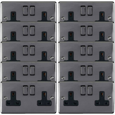  - 10 Pack 2 Gang Double Uk Plug Socket Black Nickel 13A Switched Power Outlet