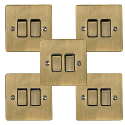  - 5 Pack 2 Gang Double Metal Light Switch Antique Brass 2 Way 10A Black Trim