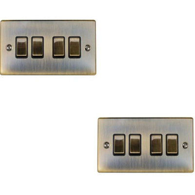  - 2 Pack 4 Gang Quad Light Switch Antique Brass 2 Way 10A Black Trim