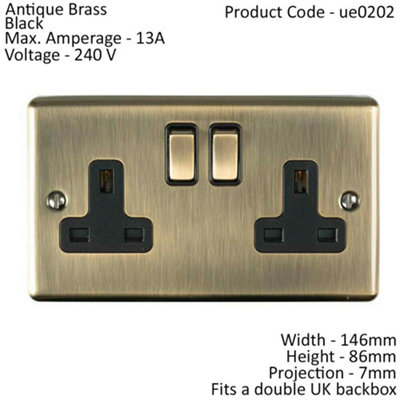  - 2 Gang Double Uk Plug Socket Antique Brass 13A Switched Mains Wall Power Outlet