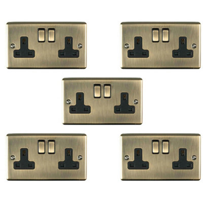  - 5 Pack 2 Gang Double Uk Plug Socket Antique Brass 13A Switched Power Outlet