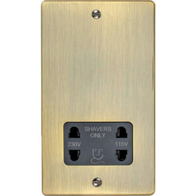  - 230V & 115V Shaver Twin Socket Wall Plate Antique Brass & Black Trim 86 X 146mm