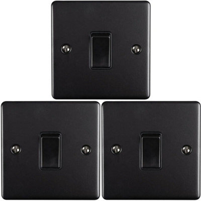  - 3 Pack 1 Gang Single Metal Light Switch Matt Black 2 Way 10A Black Trim