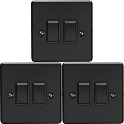  - 3 Pack 2 Gang Double Metal Light Switch Matt Black 2 Way 10A Black Trim