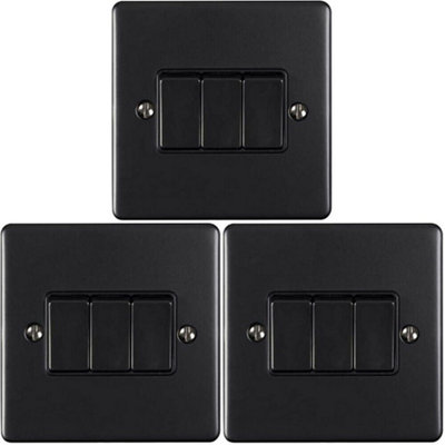  - 3 Pack 3 Gang Metal Triple Light Switch Matt Black 2 Way 10A Black Trim