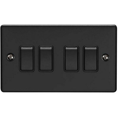  - 4 Gang Quad Light Switch Matt Black 2 Way 10A Black Trim & Metal Rocker