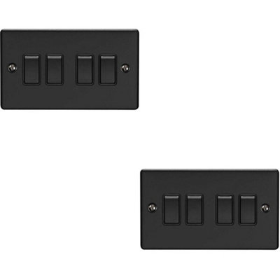  - 2 Pack 4 Gang Quad Light Switch Matt Black 2 Way 10A Black Trim