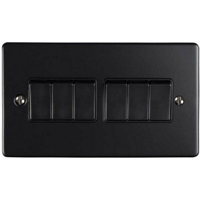  - 6 Gang Multi Light Switch Matt Black 2 Way 10A Black Trim & Metal Rocker