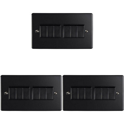  - 3 Pack 6 Gang Metal Multi Light Switch Matt Black 2 Way 10A Black Trim