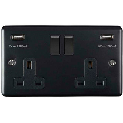  - 2 Gang Single Uk Plug Socket & Dual 2.1A Usb Matt Black & Black 13A Switched