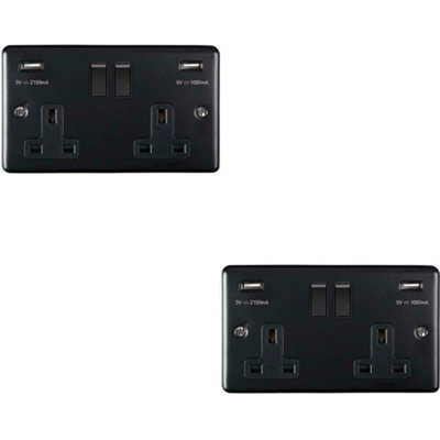  - 2 Pack 2 Gang Single Uk Plug Socket & 2.1A Usb Matt Black & Black 13A Switched