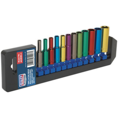  - 12 Pack Multi Colour Deep Socket Set 1/4" Metric Square Drive6 Pt Walldrive