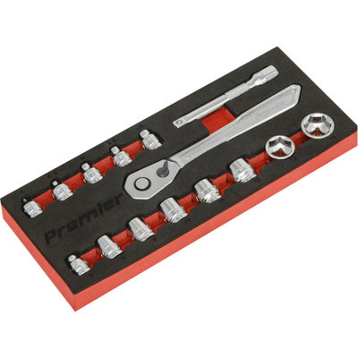 15 Pack Low Profile Socket Set1/4" Metric Sq Drive 6 Point & Ratchet Handle from B&Q