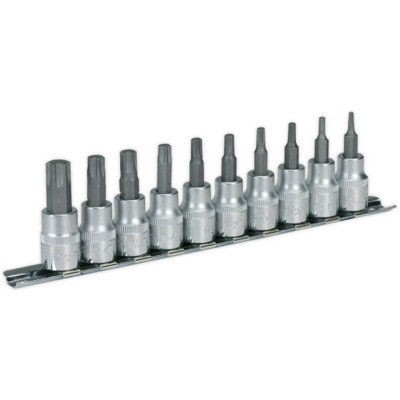 B&Q 10-Piece Trx Star Socket Bit Set - 3/8" Drive With T10 To T50 Torx Sizes And Knurled Grip