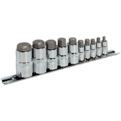 B&Q 10Pc Stubby Hex Socket Bit Set - 1/4" 3/8" 1/2" - Square Drive Short Shaft Allen