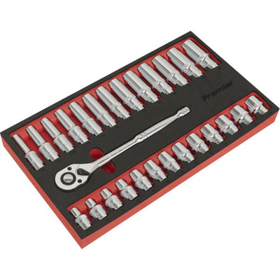 27 Pack Deep Socket Set1/2" Metric Square Drive 6 Point & Ratchet Handle from B&Q