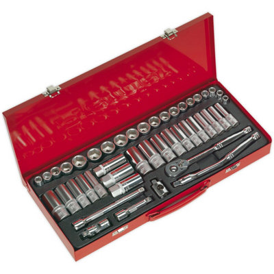 45 Pack Socket Set3/8" Met & Imp Square Drive6 Point Socket Ratchet Handle from B&Q