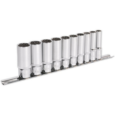  - 10Pc Universal Deep Metric Socket Set3/8" Sq Total Drive Fits Most Fasteners