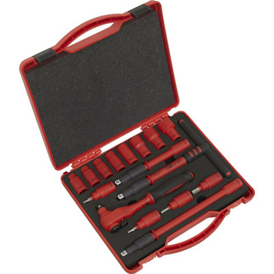 B&Q 16Pc Vde Insulated Socket & Ratchet Handle Set -3/8" Square Drive 6 Point Metric