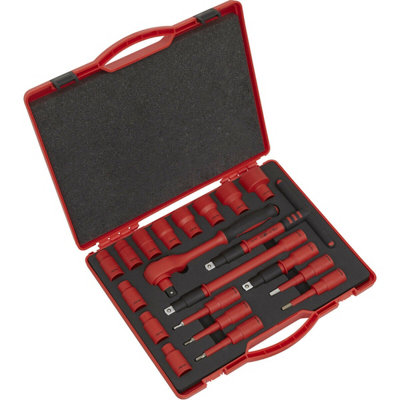 20Pc Vde Insulated Socket & Ratchet Handle Set -1/2" Square Drive 6 Point Metric from B&Q