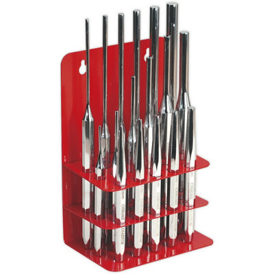B&Q 16 Piece Premium Steel Punch Set With Stand - Durable Hardened Chrome Vanadium