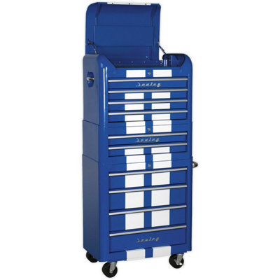 Stylish Retro 10 Drawer Tool Chest And Rollcab Bundle With Locking Mechanism In Blue from B&Q