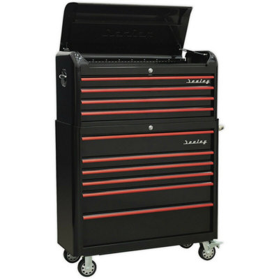 Stylish Retro 10 Drawer Tool Chest And Rollcab BundleLocking MechanismBlack And Red Design from B&Q