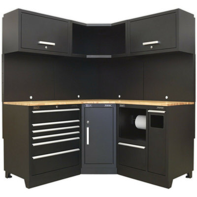 - Versatile 1.7M Garage Corner Storage System With Oak Worktop
