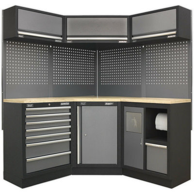  - Modular 1.6M Garage Corner Storage System With Pressed Wood Worktop