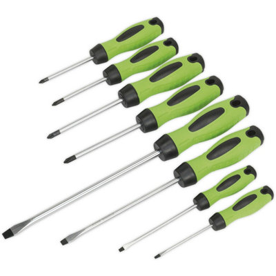 8 PackHi-Vis Green Screwdriver SetSlotted Phillips Pozi Premium Drivers from B&Q