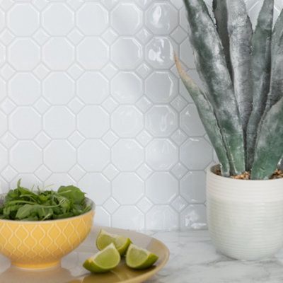 Wallpops Octagon White 3D Epoxy Tile Stickers 25.4Cm(L) 25.4Cm(W) Pack Of 4
