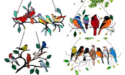  - Set Of Four Stained Glass Effect Birds Hanging Garden Decorations