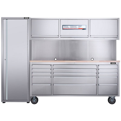 Excel Tools Excel 72Inch 15 Drawer Stainless Steel Workbench Roller Tool Chest Cabinet With 3 Overhead Cabinets & Tall Cabinet from B&Q