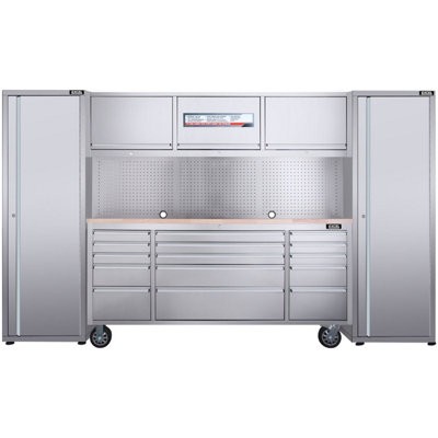 Excel Tools Excel 72Inch 15 Drawer Stainless Steel Workbench Roller Tool Chest Cabinet With 3 Overhead Cabinets & 2 Tall Cabinet from B&Q