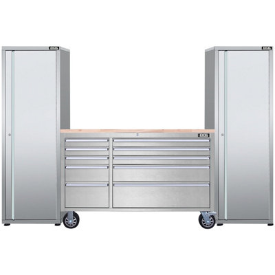 Excel Tools Excel 55Inch 10 Drawer Stainless Steel Workbench Roller Tool Chest Cabinet & 2 Tall Cabinet from B&Q