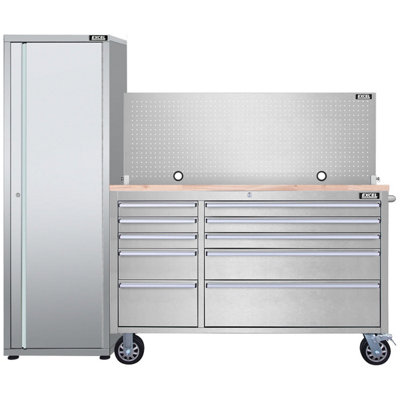 Excel Tools Excel 55Inch 10 Drawer Stainless Steel Workbench Roller Tool Chest Cabinet With Pegboard & Tall Cabinet from B&Q
