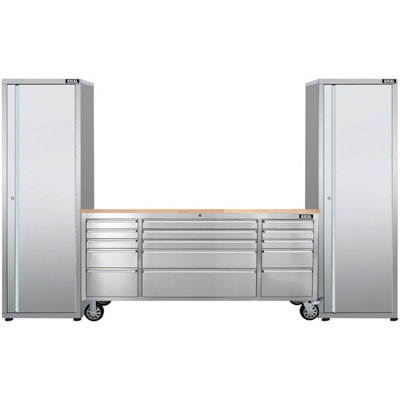 Excel Tools Excel 72Inch 15 Drawer Stainless Steel Workbench Roller Tool Chest Cabinet & 2 Tall Cabinet from B&Q