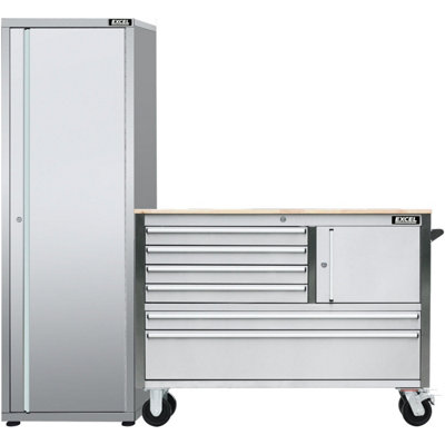 Excel Tools Excel 48Inch 6 Drawer Stainless Steel Workbench Roller Tool Chest Cabinet & Tall Cabinet from B&Q