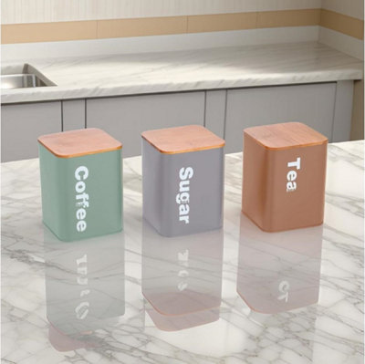 Tea Coffee Sugar Canisters Set3Pc 1000Ml Kitchen Canister SetContainers Set With Airtight Bamboo Lids (Multicolor) from B&Q