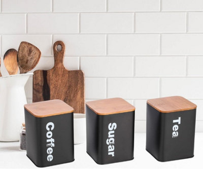 Tea Coffee Sugar Canisters Set3Pc 1000Ml Kitchen Canister SetContainers Set With Airtight Bamboo Lids (Black) from B&Q